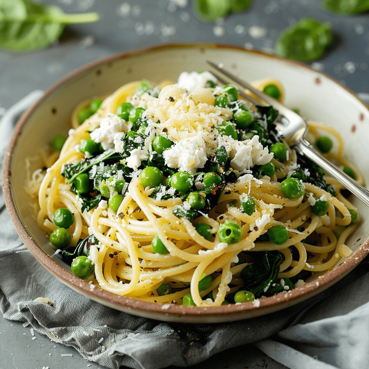 Спагеті із шпинатом, зеленим горошком і рікотою